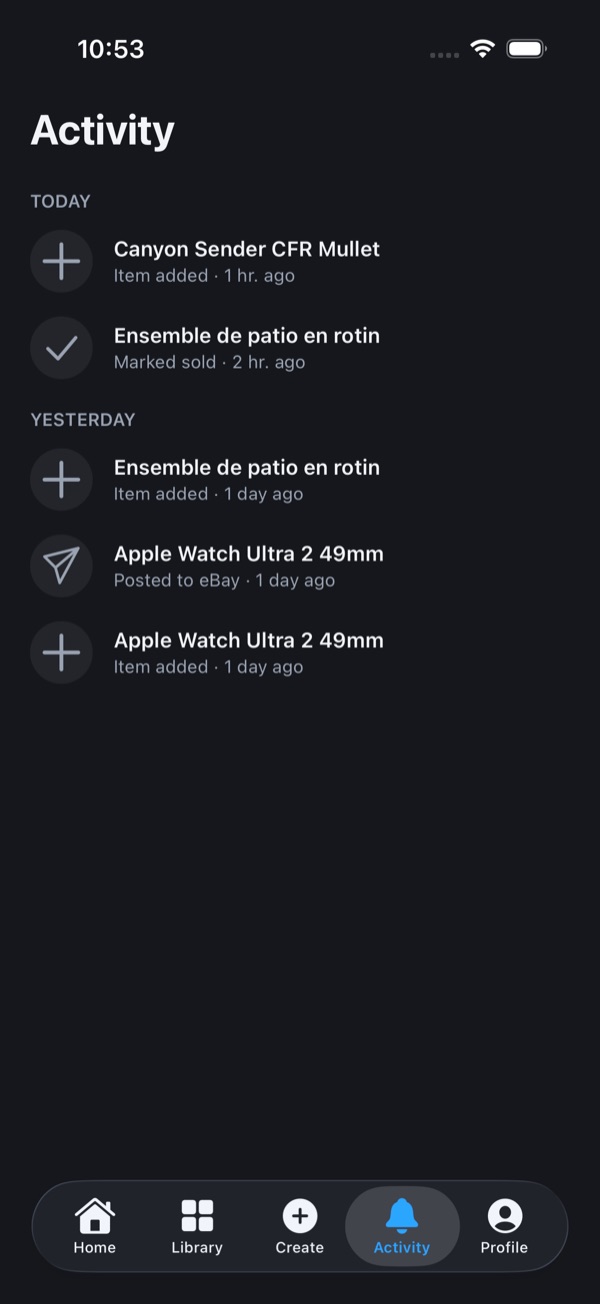 Activity screen in dark mode: items added, posted and sold