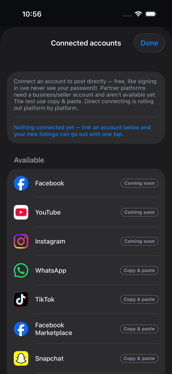 Connected accounts screen in dark mode: marketplaces and social networks to link