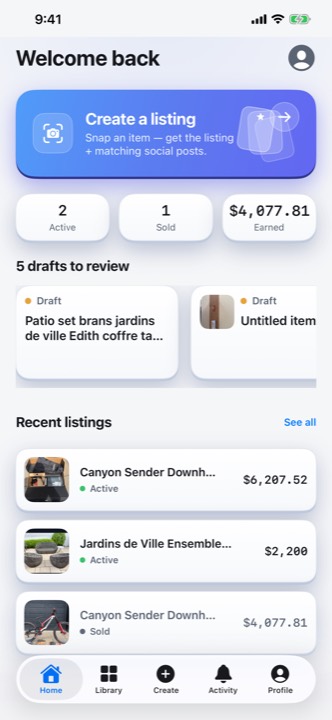 Home screen: active and sold listings with earnings