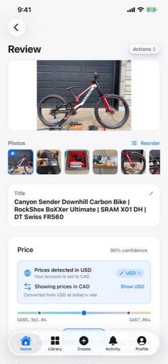 Review screen: AI-written listing with three strategic prices